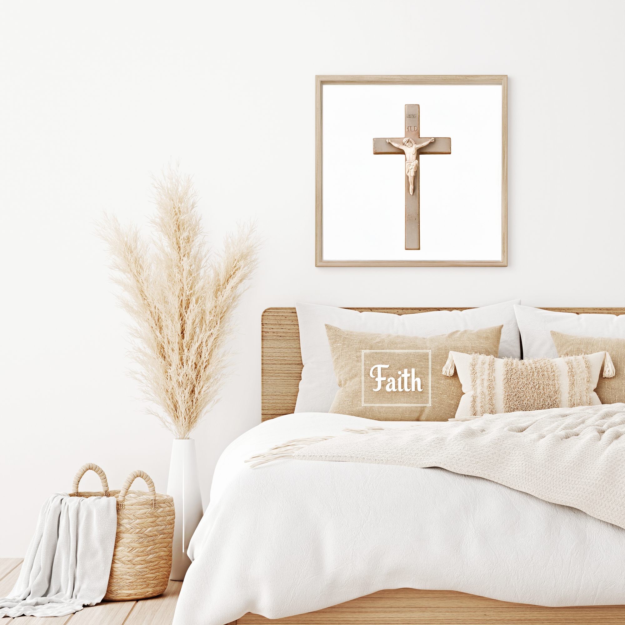 Cozy bedroom featuring a light wood bed and decorative pillows