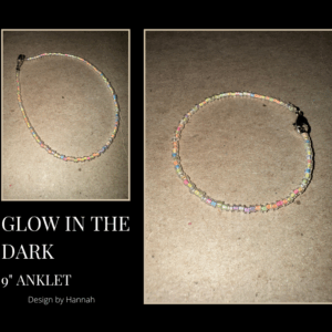Beaded anklet with multicolored glow in the dark beads and a silver lobster claw clasp.