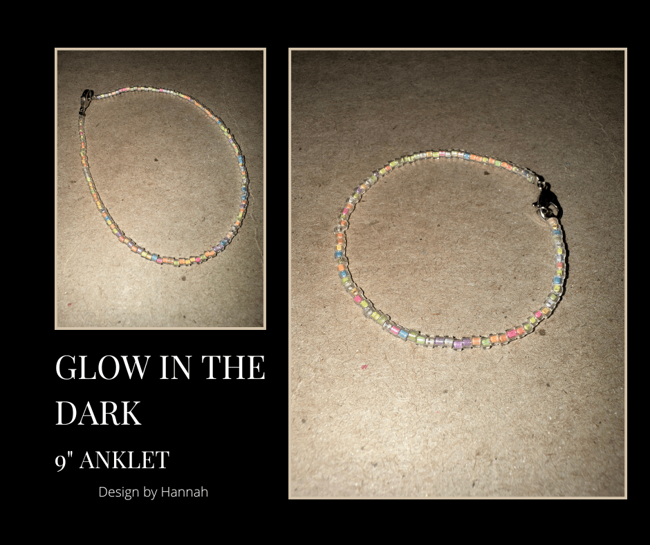 Beaded anklet with multicolored glow in the dark beads and a silver lobster claw clasp.