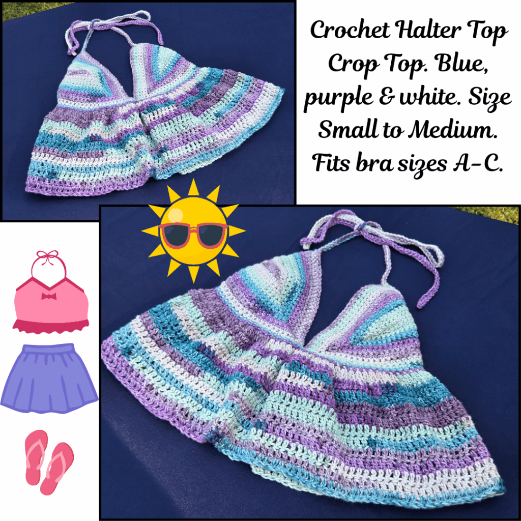 Blue and purple crocheted halter top.