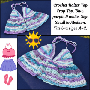 Blue and purple crocheted halter top.