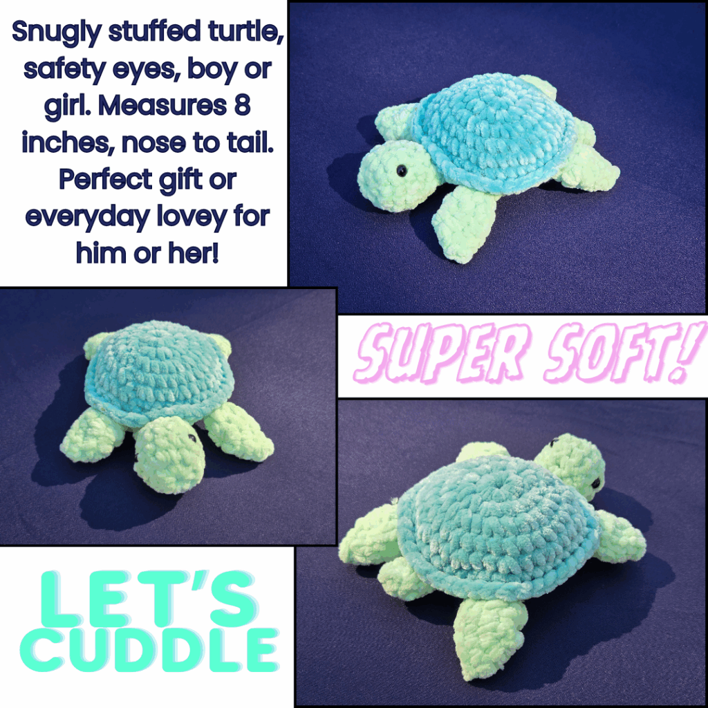 Turtle stuffed animal, crocheted with plush yarn featuring a lime green turtle and a dark green shell.