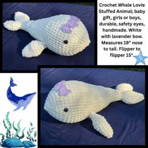White crocheted whale with crown of purple flowers, made with plush yarn.