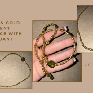 Green and gold beaded necklace with green leaf pendant.