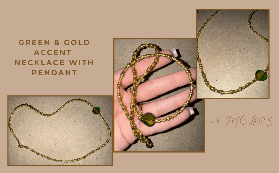 Green and gold beaded necklace with green leaf pendant.