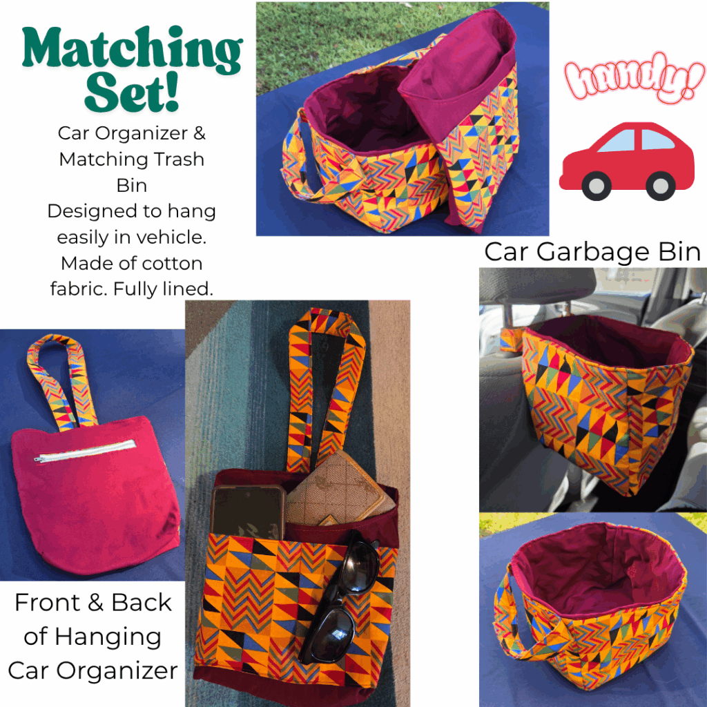 Matching car organization set, multi-colored, featuring trash bag and car organizer.