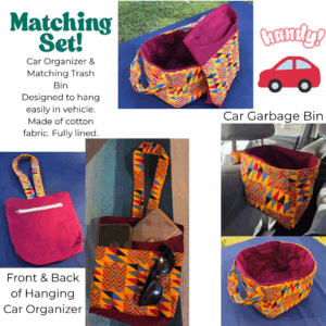 Matching car organization set, multi-colored, featuring trash bag and car organizer.