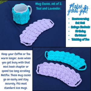 Set of two mug cozies, one lavender and one teal.