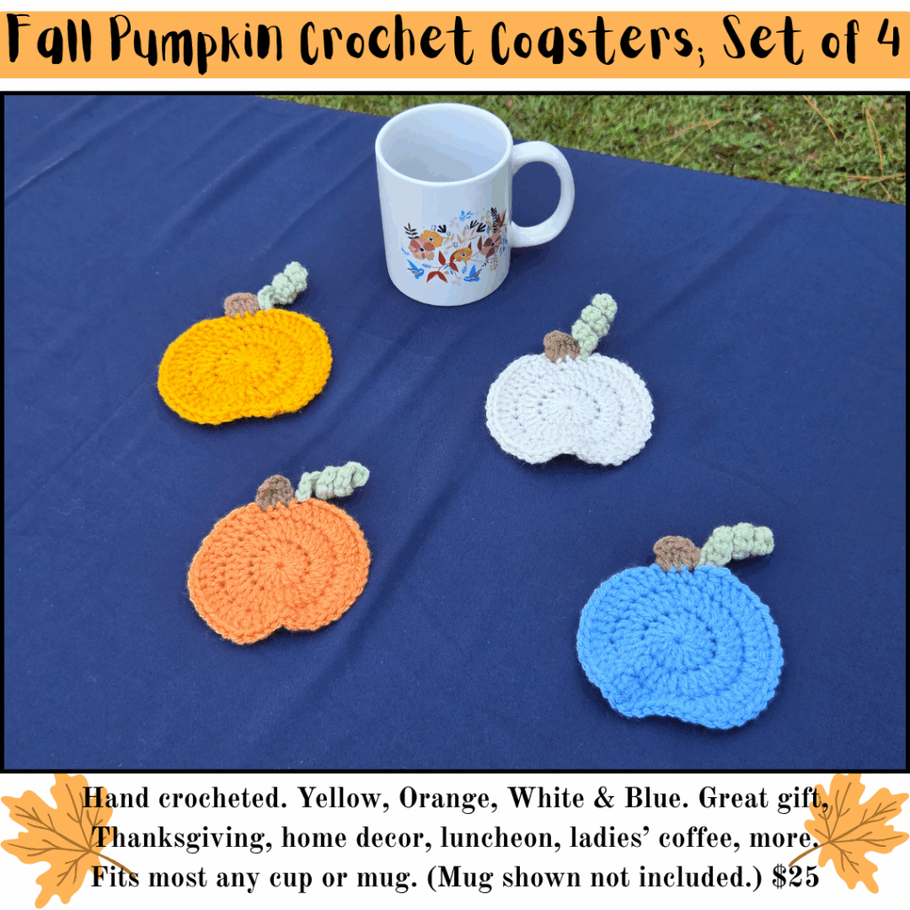 Set of four coasters shaped like pumpkins, one orange, one yellow, one cream, one blue.
