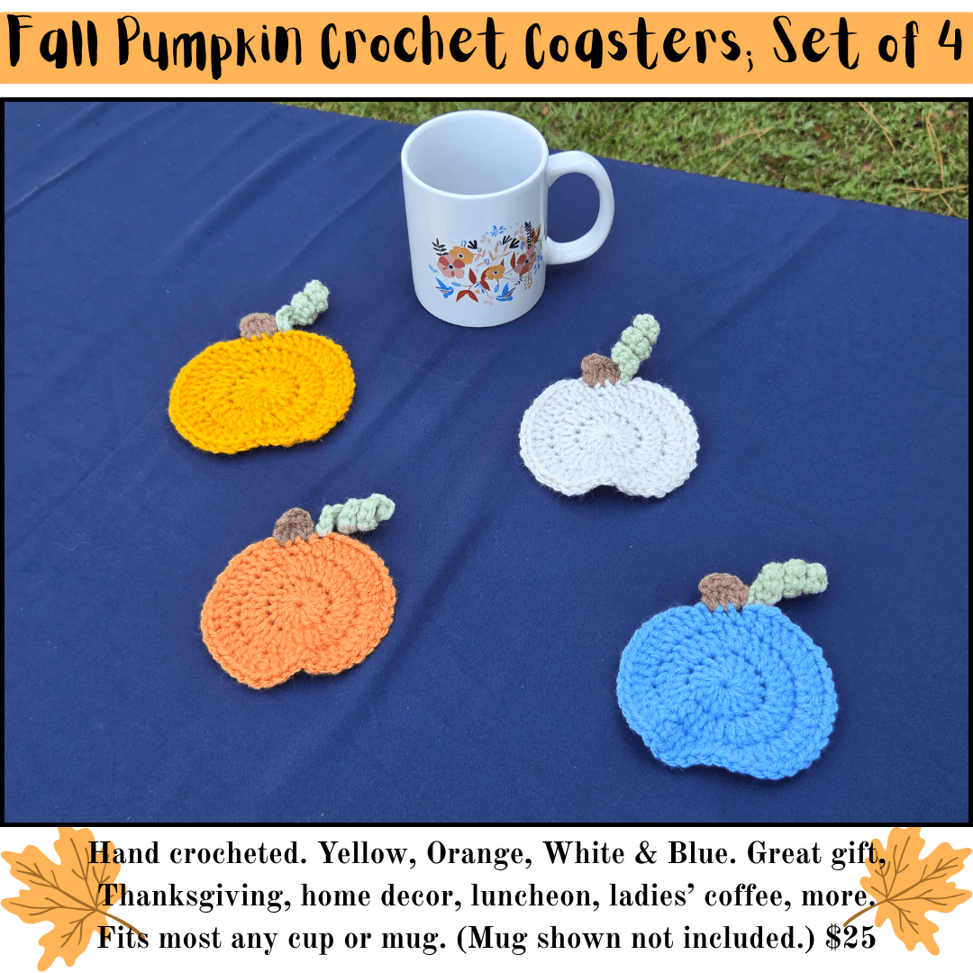 Set of four coasters shaped like pumpkins, one orange, one yellow, one cream, one blue.