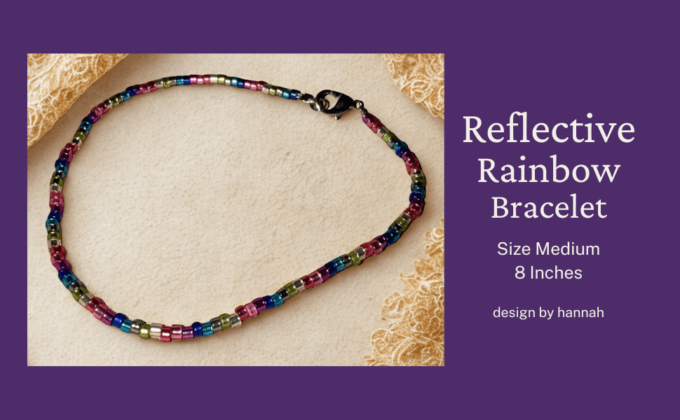Beautiful rainbow beaded bracelet with lobster claw clasp, medium size, 8 inches.