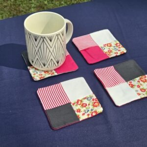Set of 4 coasters, fabric, colors red, black, and white