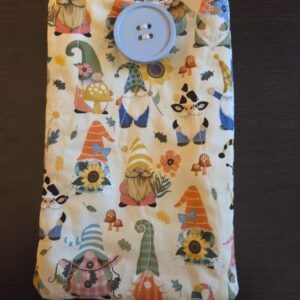 Gnome print padded cell phone case. Cotton, fully lined. Decorative blue button with elastic closure.