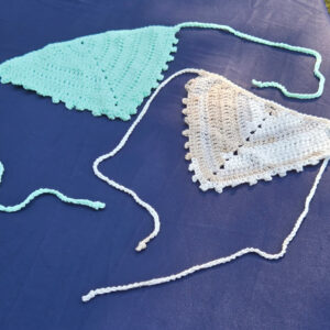 Set of 2 crochet head scarves. One light teal, one tan and white.