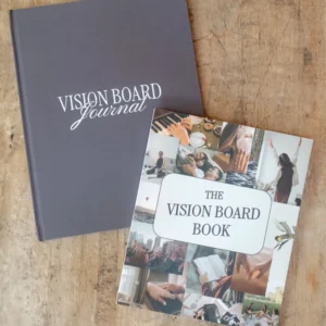 Gray Vision board book and colorful image book sitting on a desk