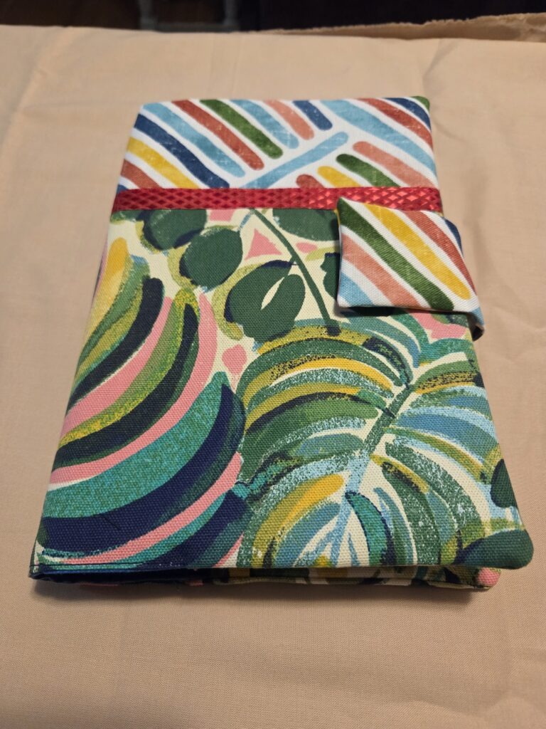 Multicolored Bible case with brightly colored accent and lining.