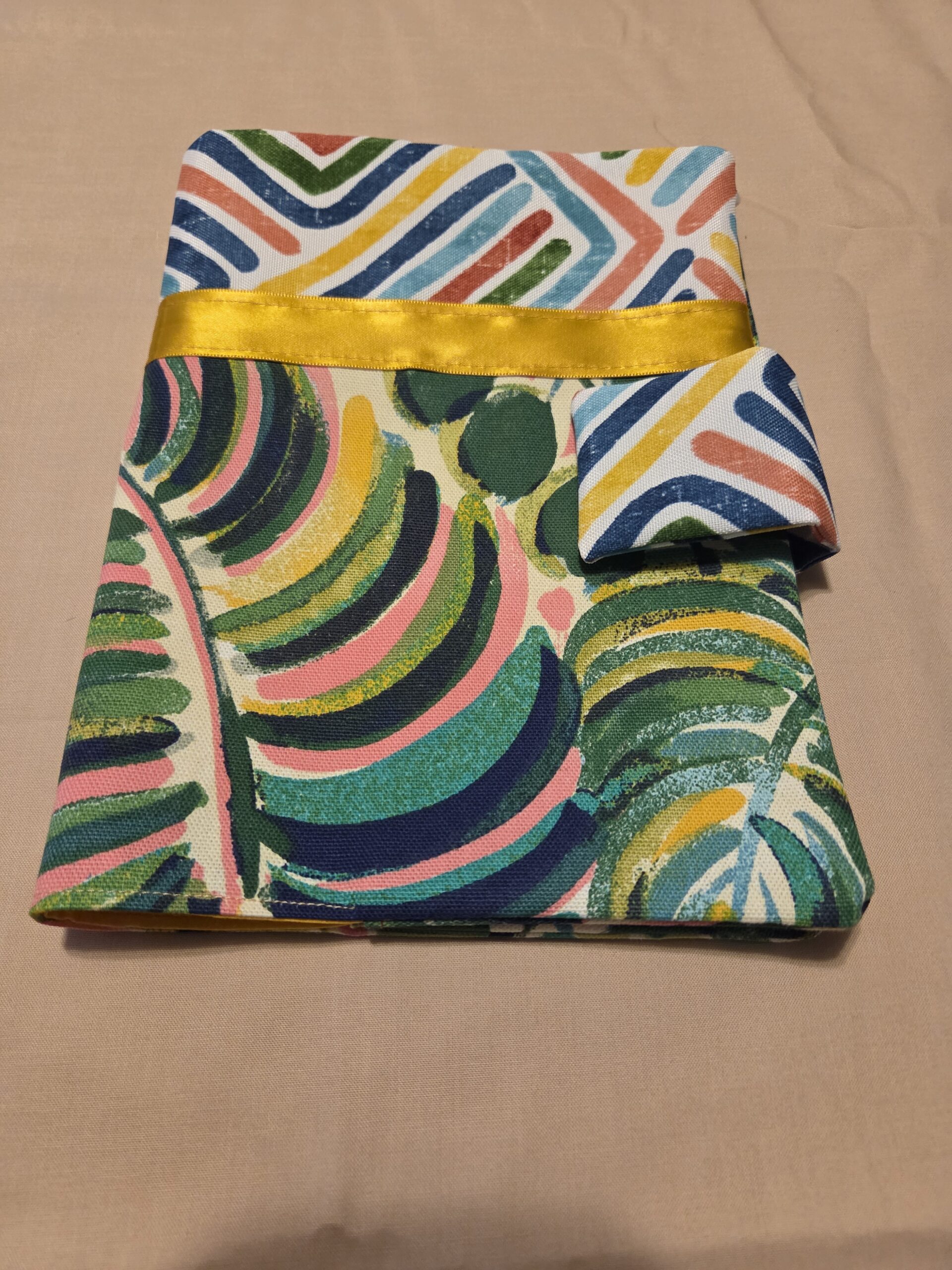 Bible Case, featuring monstera & banana leaves with geometric pattern. Yellow trim and lining.