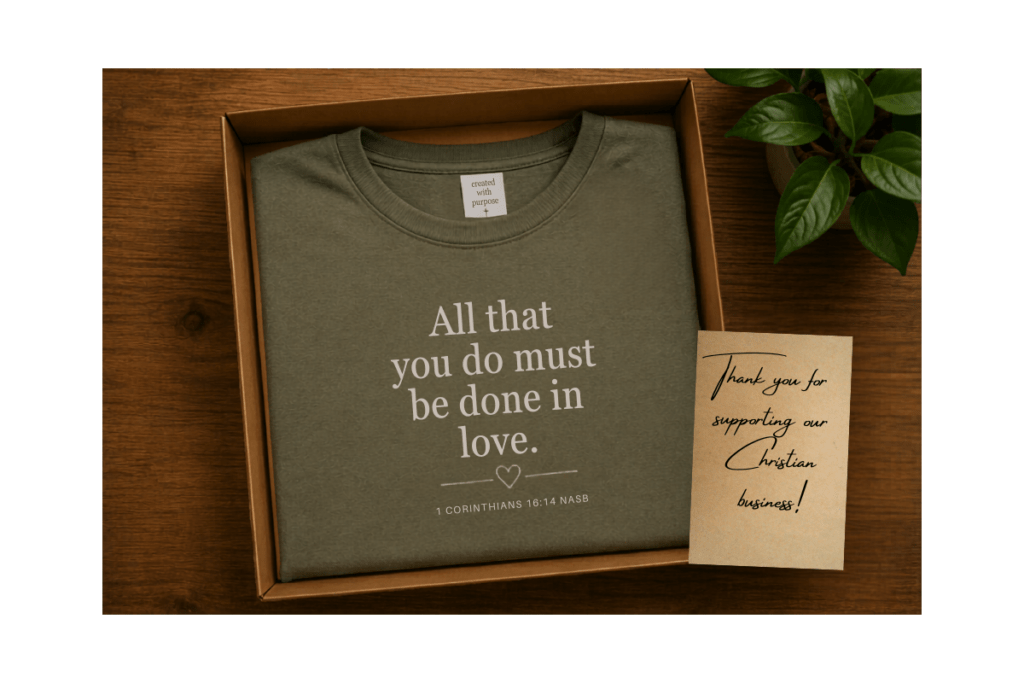 Example t-shirt in a box with 1 Corinthians 16:14 on it