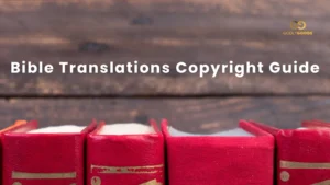 Red bibles with text that on a woodgrain background that says, "Bible Translations Copyright Guide"