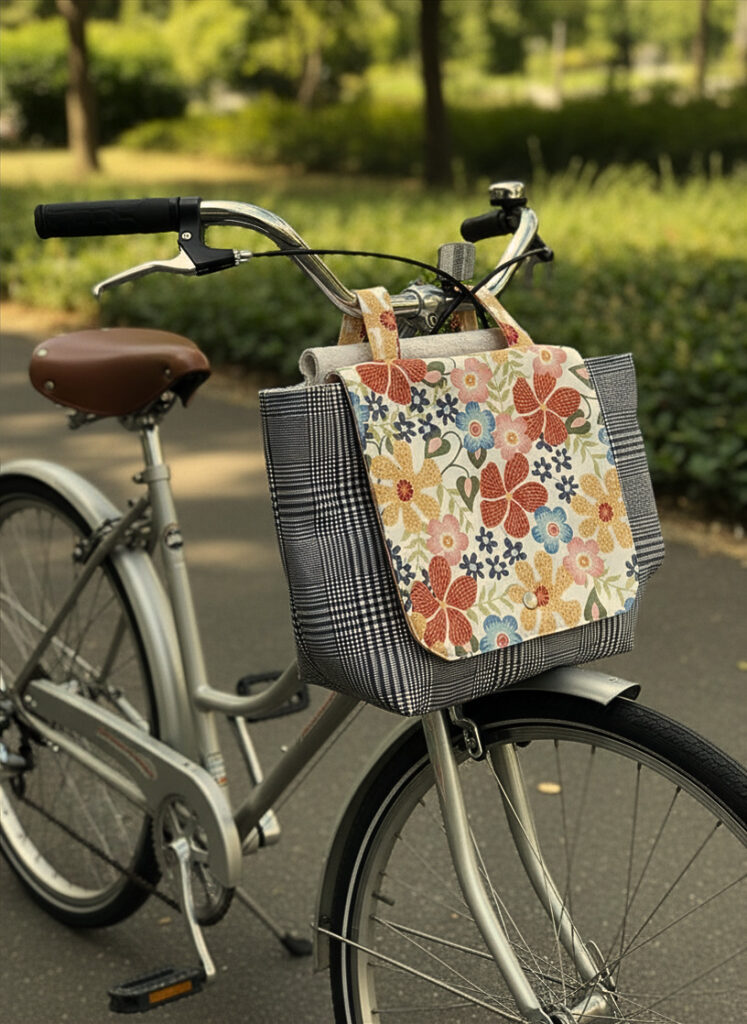 Messenger Bag for stroller, bicycle, walker, etc. Neutral floral and black and white plaid design. Fully lined. Attaches via hook-and-loop tape strap (Velcro).