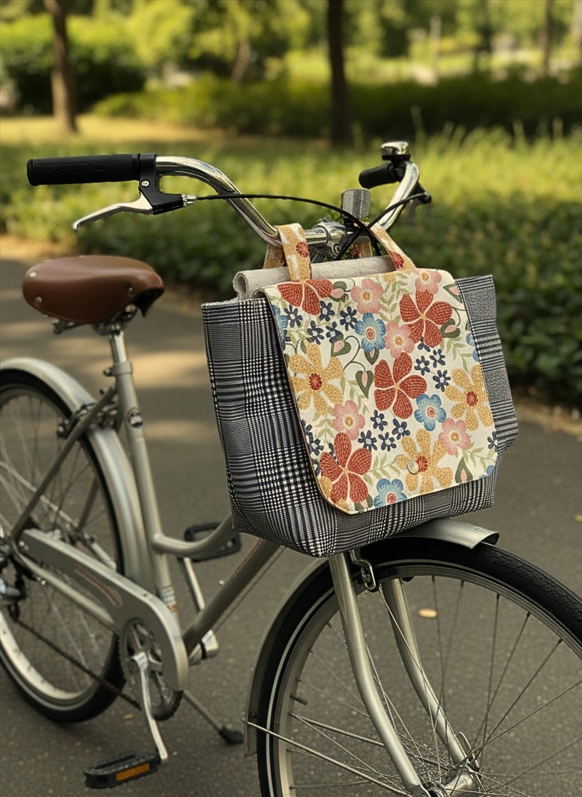 Messenger Bag for stroller, bicycle, walker, etc. Neutral floral and black and white plaid design. Fully lined. Attaches via hook-and-loop tape strap (Velcro).
