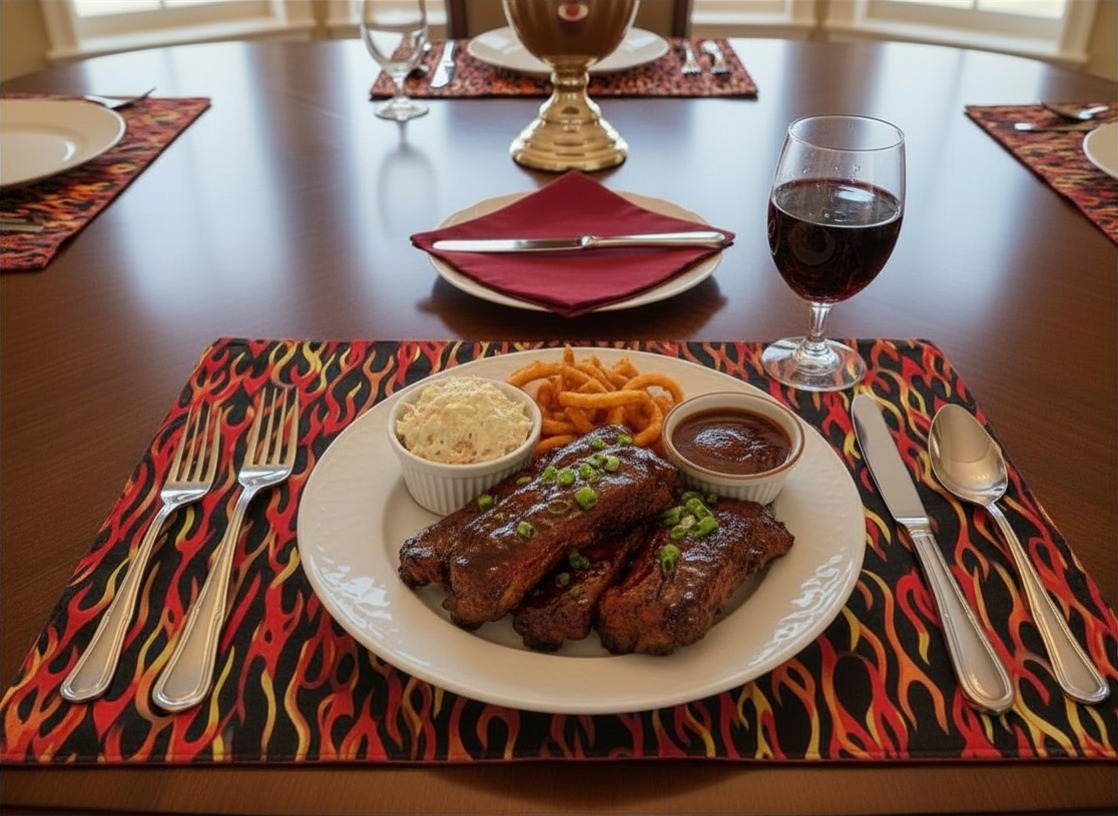 Hot Hot Hot! Placemats, set of 4, reversible - Grill Flames + Sriracha sauce - Image 2