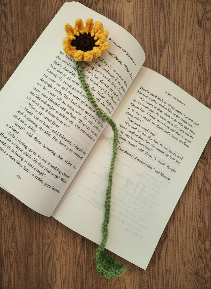 Sunflower bookmark, hand crocheted.