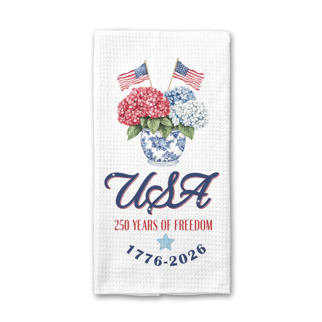 Decorative 250 Years of Freedom Kitchen Towel on a White Background