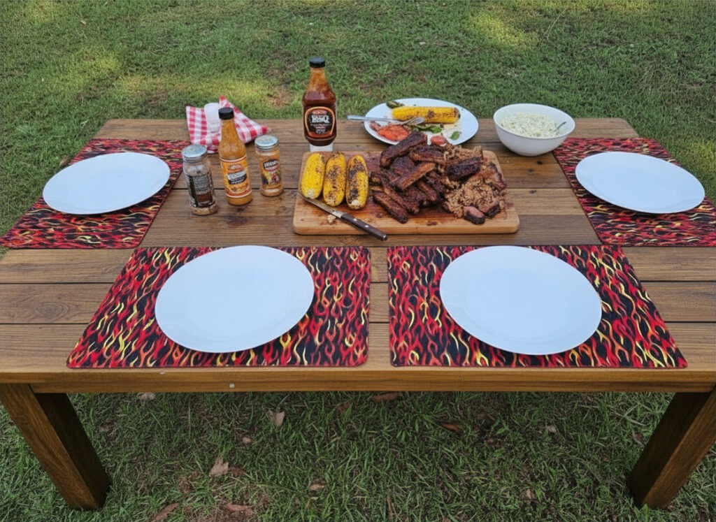 Set of 4 placemats, black, with red, orange, and yellow flames / Reversible. Back side features sriracha hot sauce pattern.