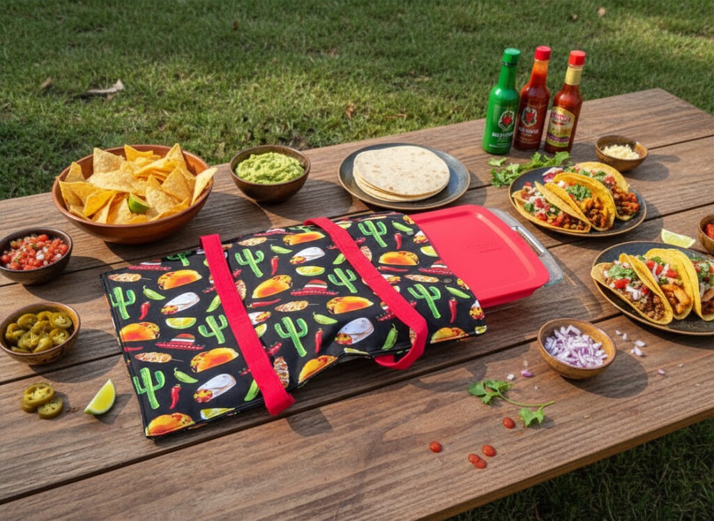 Mexican themed casserole case, double handles in red, heavy duty metal snap closure. Holds Large casserole dish. Features tacos, cactus, and burrito print in festive colors on black background. Quilted and insulated. Keeps food hot or cold.