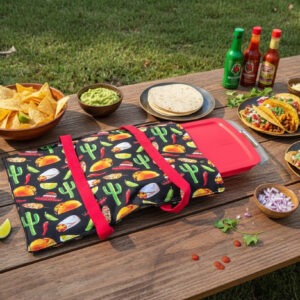 Mexican themed casserole case, double handles in red, heavy duty metal snap closure. Holds Large casserole dish. Features tacos, cactus, and burrito print in festive colors on black background. Quilted and insulated. Keeps food hot or cold.