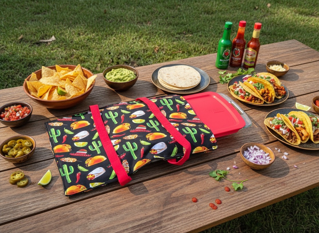 Mexican themed casserole case, double handles in red, heavy duty metal snap closure. Holds Large casserole dish. Features tacos, cactus, and burrito print in festive colors on black background. Quilted and insulated. Keeps food hot or cold.