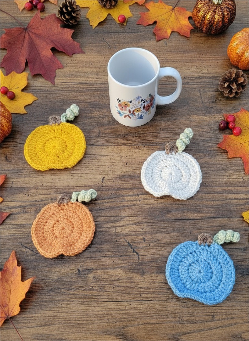 Set of 4 crochet pumpkin coasters in orange, yellow, white, and blue.