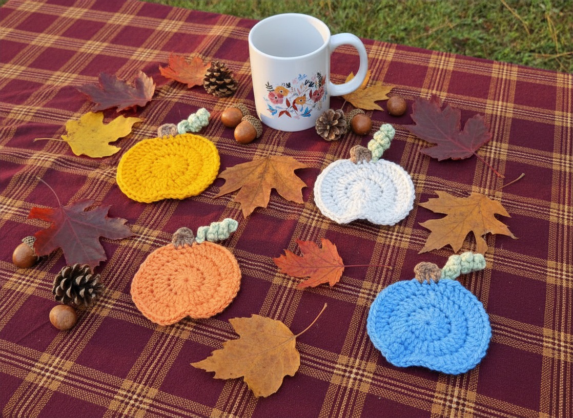 Hand crocheted pumpkin coasters, set of 4 in fall colors.