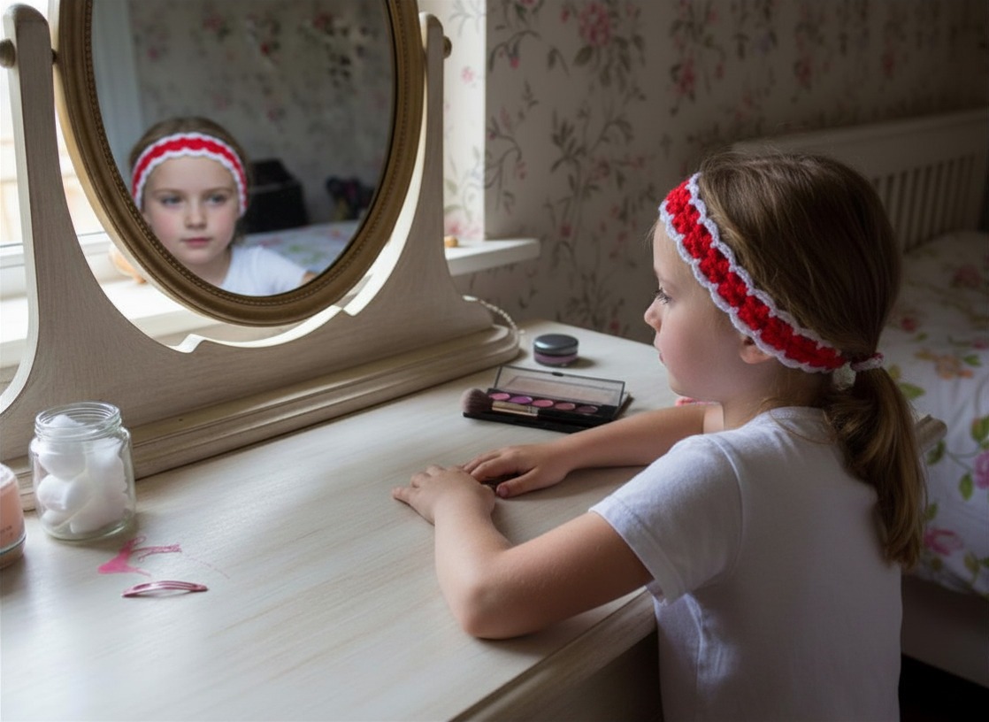 Little girl looking in mirror, wearing a pretty hand crocheted red & white headband.