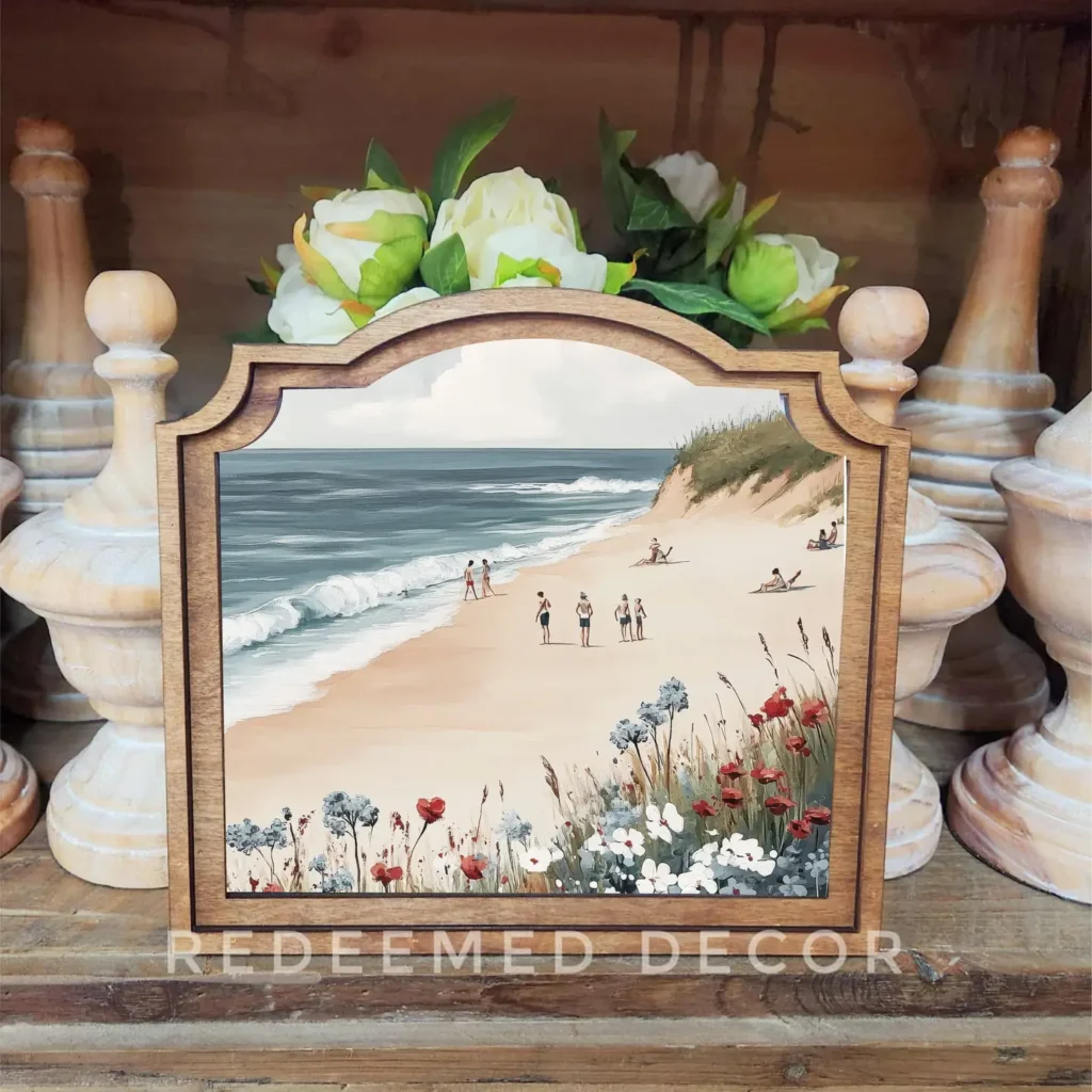 Framed Beach Art Sitting on a Table
