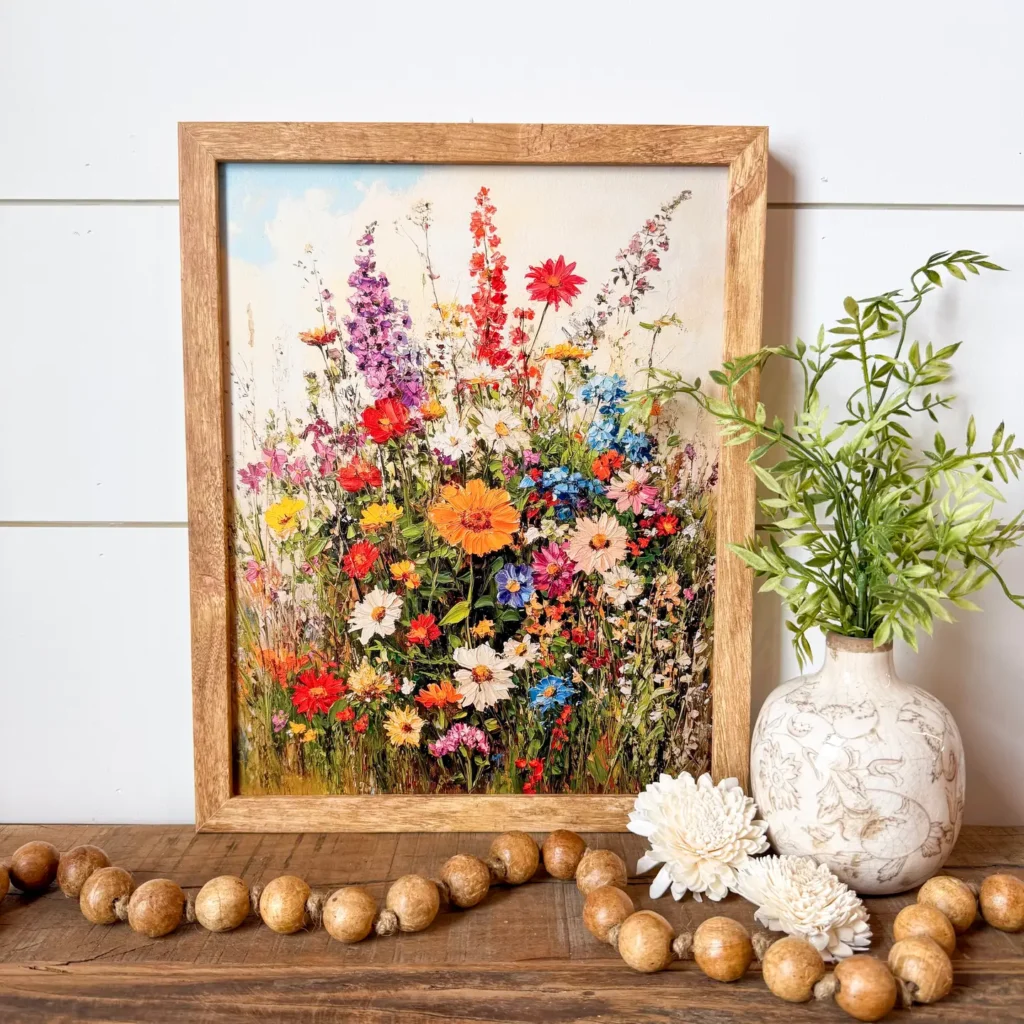 Wildflower artwork sitting on a shelf with other decorations