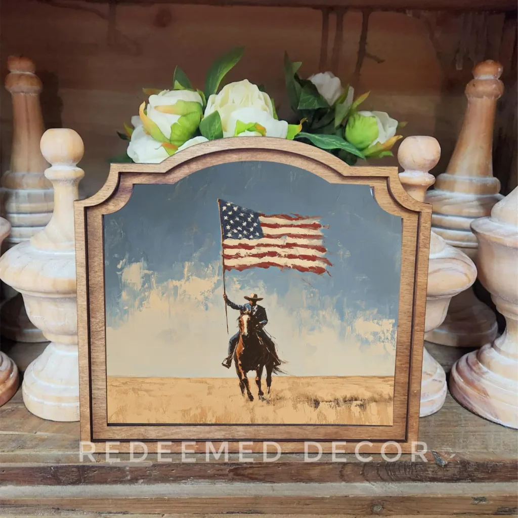 Art Print Sitting on Table - Cowboy riding a horse holding flag