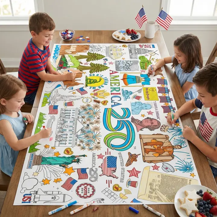 Children around a table, coloring the America 250 tablecloth