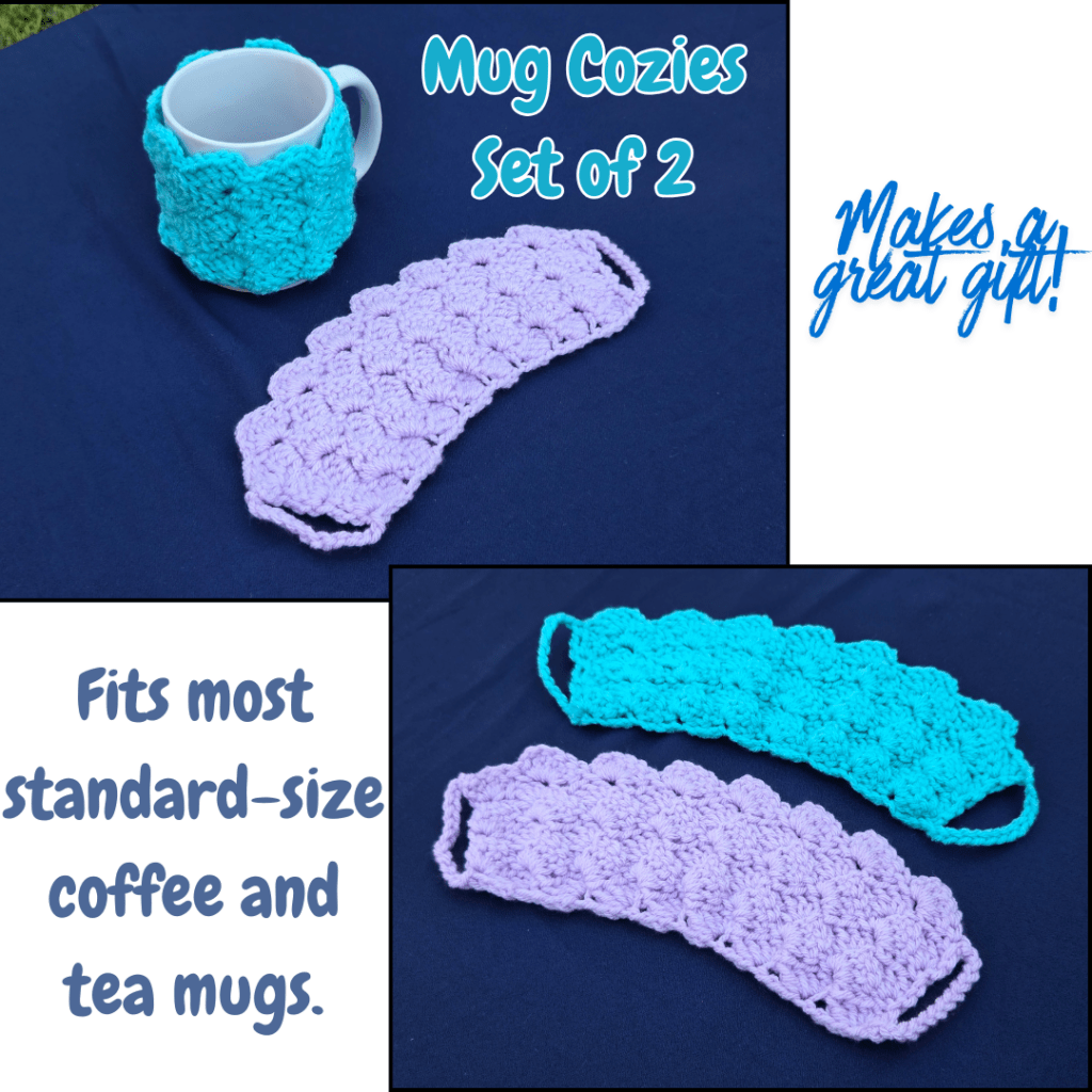 Set of 2 mug cozies in teal and lavender. Cozies wrap around handle to fit standard sized coffee mugs.