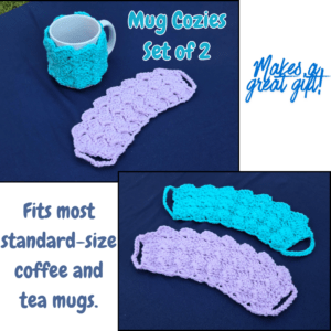 Set of 2 mug cozies in teal and lavender. Cozies wrap around handle to fit standard sized coffee mugs.