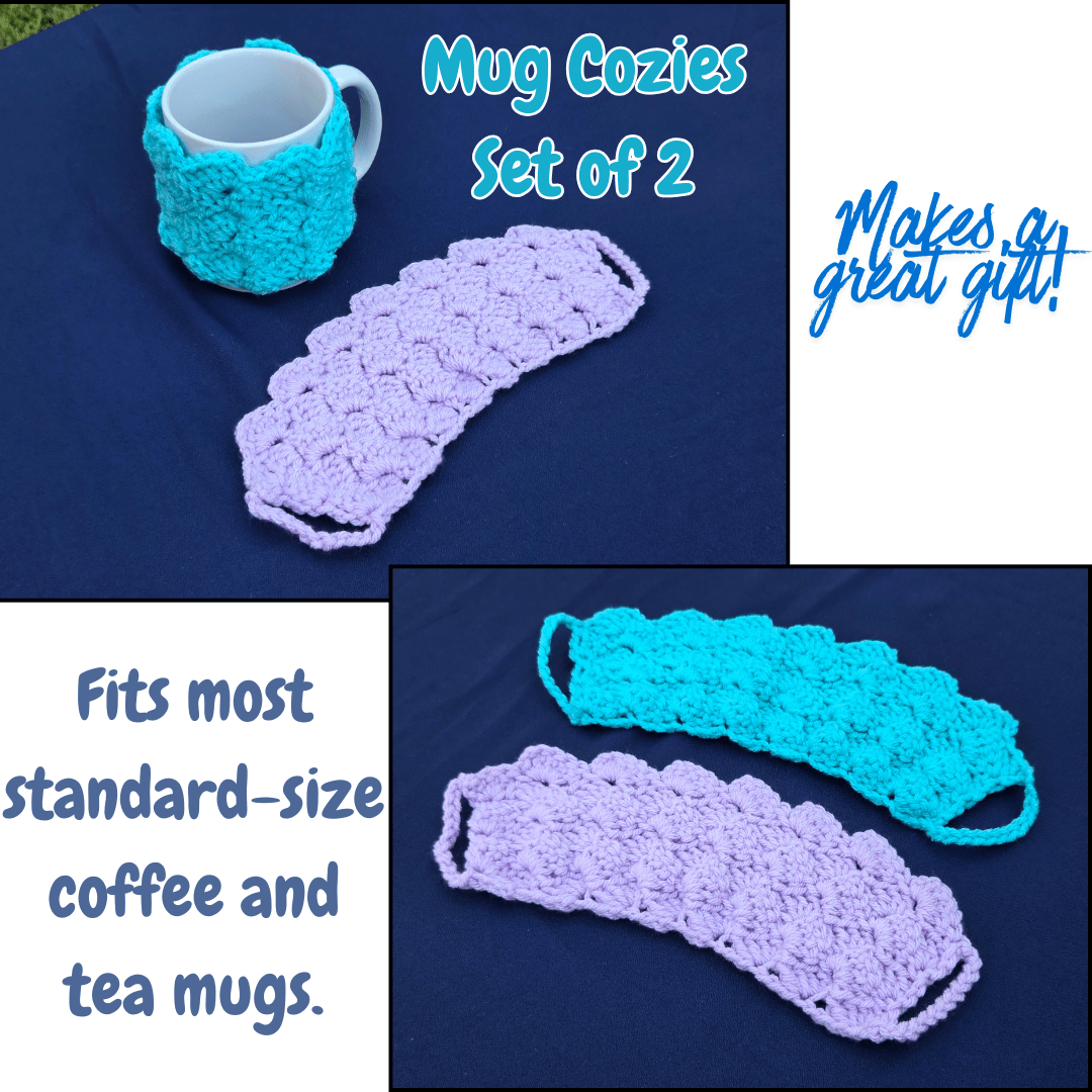 Set of 2 mug cozies in teal and lavender. Cozies wrap around handle to fit standard sized coffee mugs.