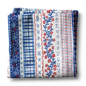 Red, White, and Blue Floral Kitchen Towel Design Displayed