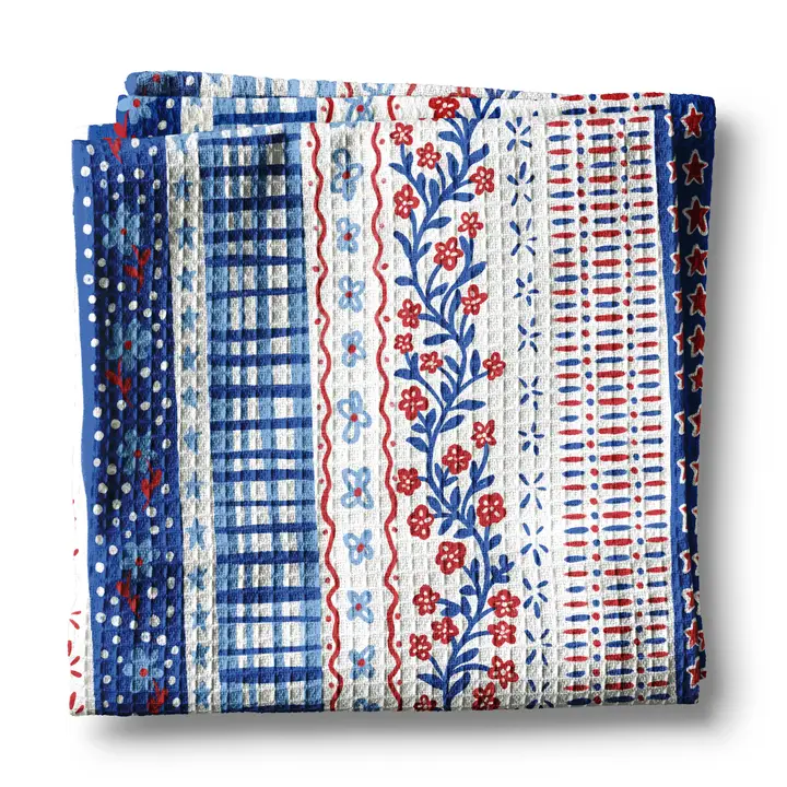Red, White, and Blue Floral Kitchen Towel Design Displayed