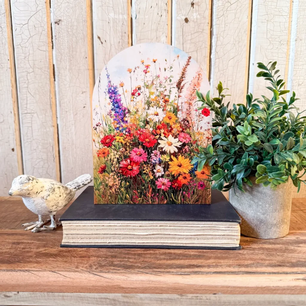 Arched Floral Sign Sitting on a Book