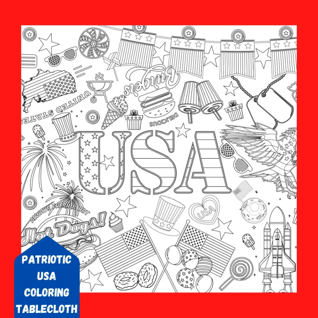 Cover of 4th of July Coloring Tablecloth shows letters USA, flags, and patriotic icons