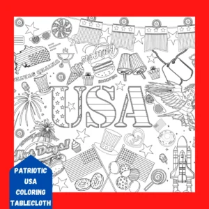 Cover of 4th of July Coloring Tablecloth shows letters USA, flags, and patriotic icons