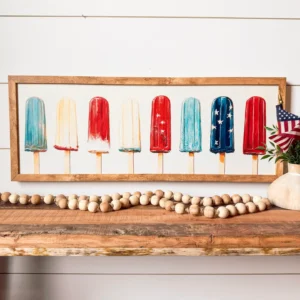 Wood Sign Over Mantle with Patriotic Popsicles Art