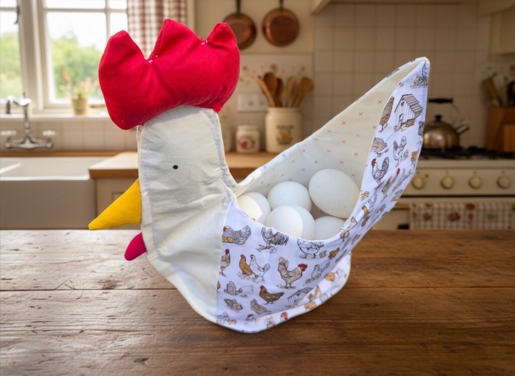 Egg basket made to look like a chicken, with chicken print. Holds up to a dozen eggs.