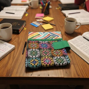 Bible case; granny squares & geometric pattern in jeweltones. Comes with pen/highlighter case to match. Green lining.